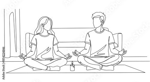 Couple meditating together in a serene setting with a candle Vector
