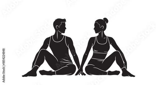 Man and woman in a seated yoga twist pose facing each other, symbolizing balance and harmony
