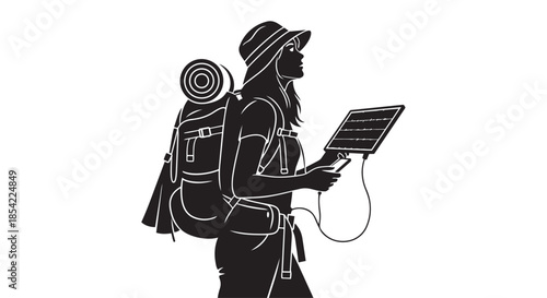 A female hiker uses a portable solar panel to charge her device while exploring the outdoors