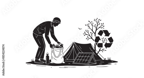 A camper practices sustainable living by collecting waste near their tent with a solar panel and recycle symbol
