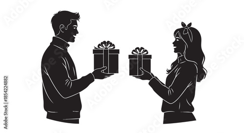 Silhouettes of a man and woman exchanging presents, symbolizing love and appreciation.