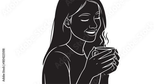 A happy woman enjoying the warmth and comfort of a steaming cup of tea or coffee