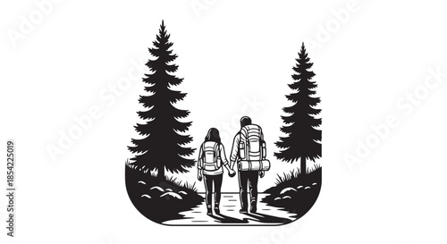 A couple embarking on a forest adventure, holding hands with backpacks