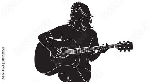 Silhouette of a musician skillfully playing an acoustic guitar with passion and rhythm