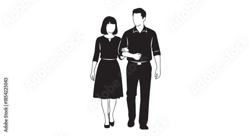 A simple black and white illustration of a man and woman walking arm in arm together