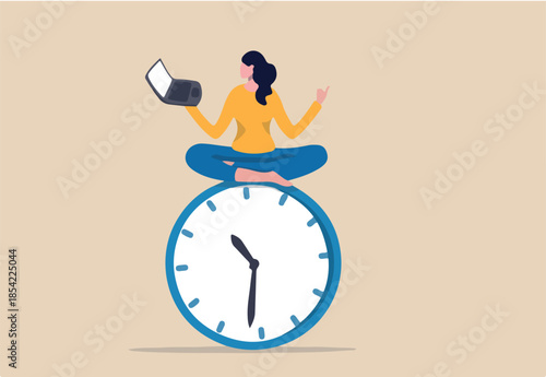 Flexible working hours, work life balance or focus and time management while working from home concept, young lady woman working with laptop while doing yoga or meditation on clock face.