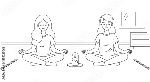 Two young women meditating peacefully on yoga mats Vector