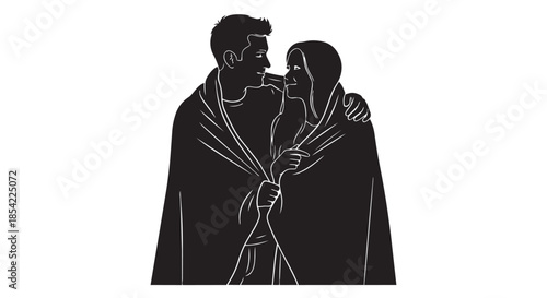 A loving couple sharing a warm moment wrapped in a blanket, looking into each other's eyes