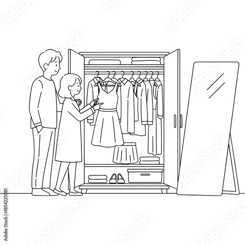 Family choosing an outfit from an open wardrobe with a mirror reflecting a girl trying it on Vector