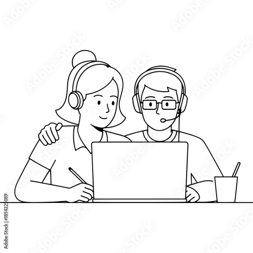 A couple works together on a laptop while wearing headphones Vector