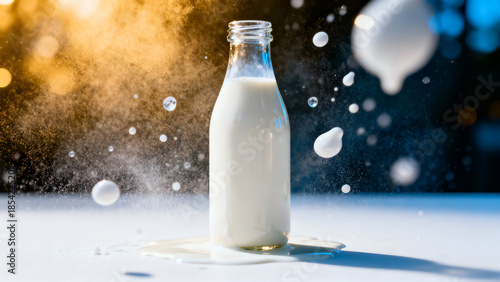 Glass bottle filled with fresh milk surrounded by dynamic milk splashes and droplets.