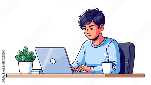 Focused young person intently working on a laptop, symbolizing modern productivity, remote work, or concentrated online study in a personal digital workspace