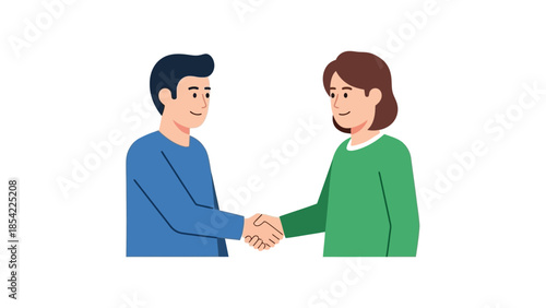 Illustration of a professional handshake between a man and a woman, symbolizing mutual agreement, successful collaboration, and the establishment of a strong partnership or positive connection