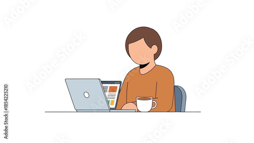 Minimalist illustration of an individual immersed in digital tasks, embodying the concept of efficient remote work, productivity, and focused online activity with a laptop and coffee