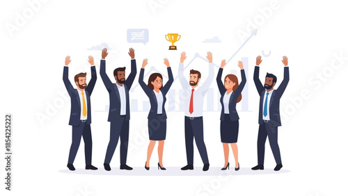 Diverse business team celebrates collective success and victory with raised hands. Symbolizing achievement, strong teamwork, and reaching ambitious corporate goals through collaboration