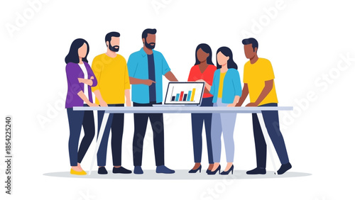 Diverse team collaborating on data analysis during a business meeting, symbolizing teamwork, strategy, and collective problem-solving for successful project outcomes