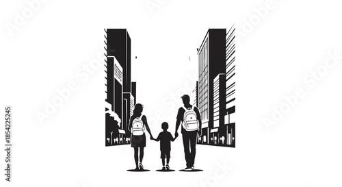 A family's journey through the urban landscape, holding hands with backpacks
