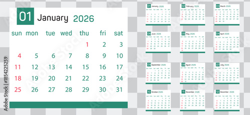 January 2026 calendar with a clean minimalist design and date vector/eps