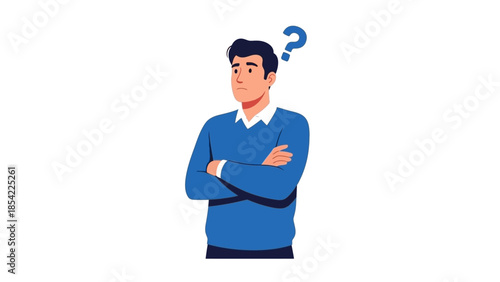 Conceptual illustration of a young man deep in thought with a question mark, symbolizing contemplation, uncertainty, problem-solving, and the search for answers or new ideas