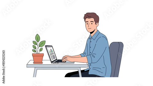 Dedicated young man working remotely on his laptop at a modern desk, analyzing data and symbolizing productivity in today's digital business environment