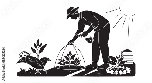 Gardener nurturing young plants under the sun, demonstrating care and cultivation