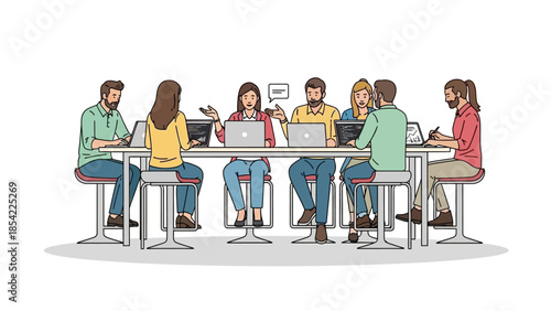 Dynamic team collaboration in a modern office meeting, showcasing professionals actively discussing ideas and working on laptops for productive brainstorming sessions