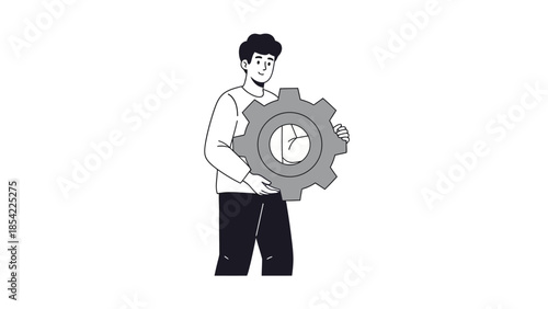Minimalist illustration of a person actively engaged with a central gear, symbolizing core business operations, technological development, and process refinement for optimal performance