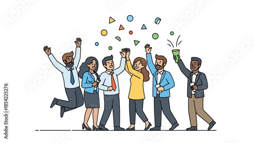 A diverse team of professionals joyfully celebrating a shared success with high-fives and confetti, symbolizing achievement, collaboration, and collective triumph