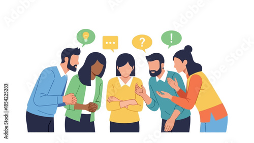 Dynamic team collaboration illustration showcasing diverse professionals in a brainstorming session, sharing ideas, questions, and feedback to foster innovation and problem-solving