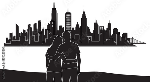 A romantic couple's silhouette embracing while gazing at the expansive city skyline