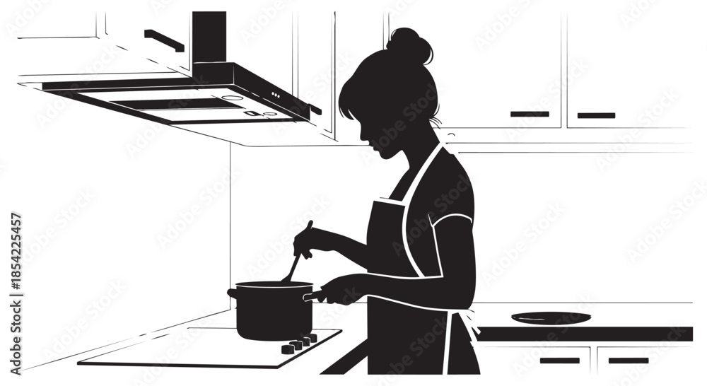 Φωτογραφία A silhouette of a woman in an apron stirring food in a pot on a stovetop in a ki