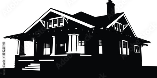 Black silhouette of a large suburban family home with multiple gables and gutter system isolated on white background for architecture