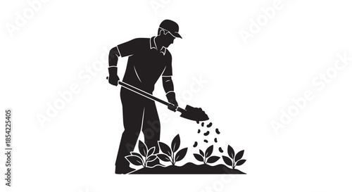 Person in silhouette shoveling soil or fertilizer onto growing plants in a garden