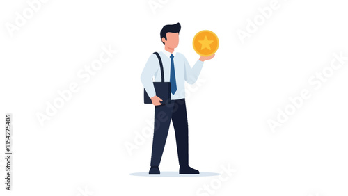 Professional businessman proudly displaying a gleaming golden coin, symbolizing financial achievement, lucrative investment, and the successful pursuit of economic prosperity and wealth creation