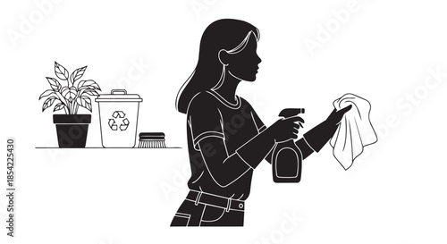 A woman engaged in household cleaning activities with a spray bottle and cloth