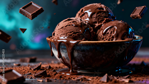 Rich chocolate ice cream scoops topped with melted chocolate sauce in a dark moody setting.