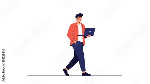 A busy young man walking confidently while working on his laptop, embodying the concept of flexible work and modern productivity