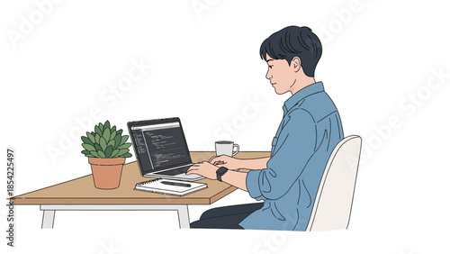 Focused young man engaged in productive remote work, typing on a laptop at his desk, embodying dedication to coding and digital task completion in a home office setting