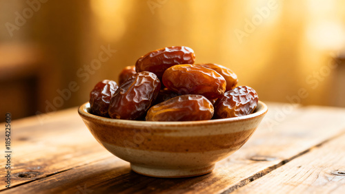 Natural dried dates in a ceramic bowl on a rustic wooden table with warm lighting.
