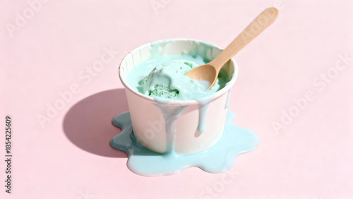 Melted ice cream in a paper cup with wooden spoon on pastel background.