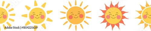 Happy cute sun cartoon faces set, smiling sunshine icons illustration, kids vector isolated background design