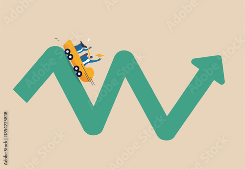 Investment volatility metaphor of riding roller coaster, financial stock market fluctuation rising up and falling down concept, people investors riding roller coaster on fluctuated market chart.