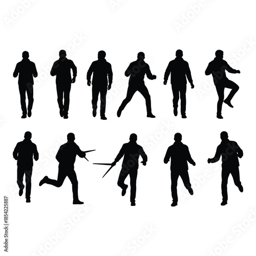 Silhouette collection depicting various human poses during movement and activity