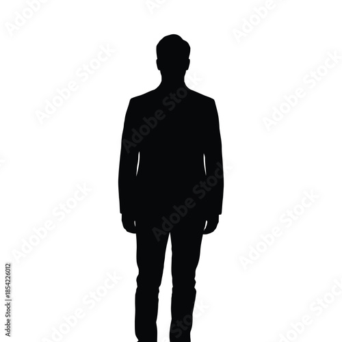 A dark silhouette of a man in a suit facing forward