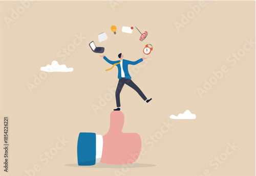 Skills set or competence and ability to success in work, career experience or knowledge for accountability, capability concept, qualified businessman juggling productivity objects on thumb up sign