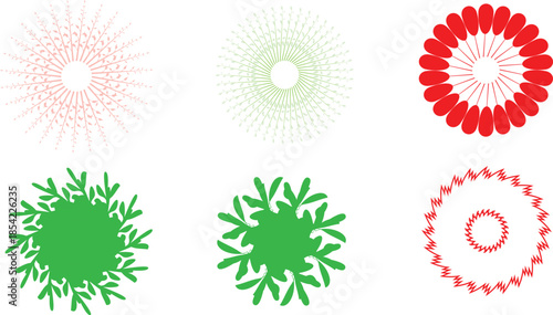 Diverse collection of abstract radial patterns featuring vibrant red and green designs