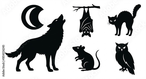Eerie Nocturnal Wildlife Silhouettes Wolf Howling, Bat, Black Cat, Rat, and Owl for Dark Themes