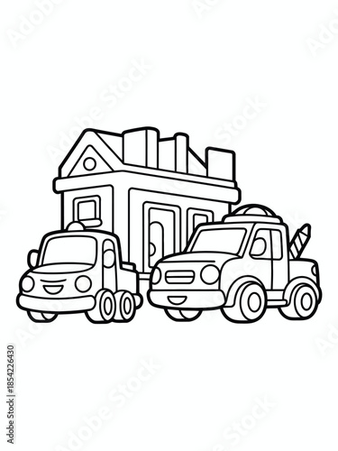 Two vehicles outside a building isolated on white background, Vector, illustration