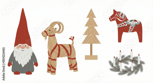 Traditional Scandinavian Christmas Decorations Gnome, Goat, Tree, and Wreath