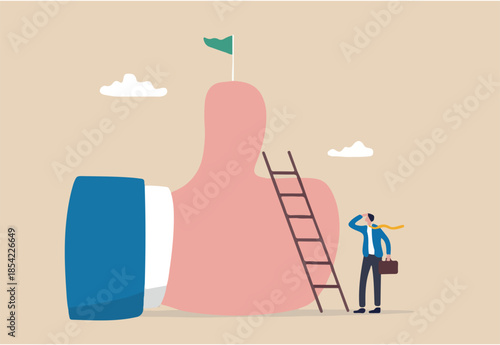 Success journey to get positive feedback, high performance evaluation or review, good job, employee or customer satisfaction concept, businessman about to climb up ladder to reach thumb up achievement